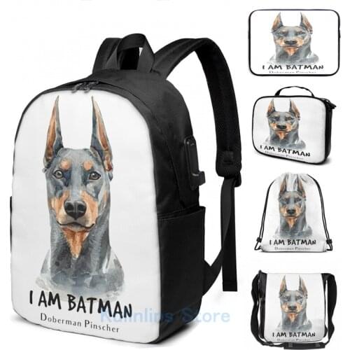 Funny Graphic print Doberman pinscher USB Charge Backpack men School bags Women bag Travel laptop bag