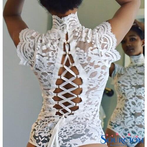 SWT Sexy Lace See-through Lingerie for Women Nightwear Underwear Erotic Turtleneck Backless Hollow Out Bodysuits Jumpsuit