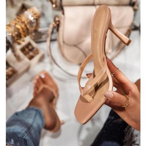 Slippers Women Summer Luxury 2021 New ZAR Fashion 9 CM Square Toe High Heels Woman Shoes On Heels Sandals Apricot Plus Size 42