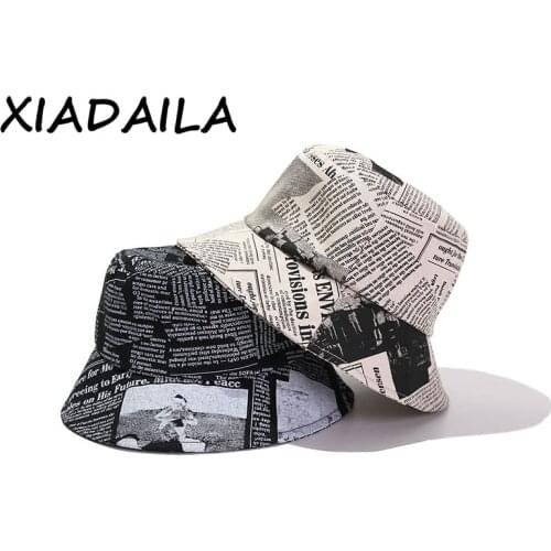 Black White Letter newspaper Print Sun Hat Fashion Fisherman Hats Men Women Street Hip Hop Bucket Hat Fishing Cap