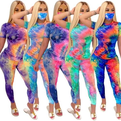 Spring And Summer Womens Tie Dyed Round Neck Casual Short Sleeve Fashion T-shirt Home Sports Pants Set (including Mask)