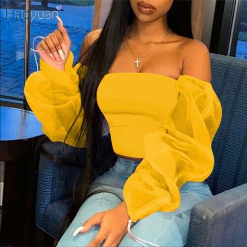HAOYUAN Sexy Mesh Sheer Fashion Crop Top Off Shoulder Bodycon Women Clothes Night Club Outfit Streetwear Long Sleeve T-shirt Top