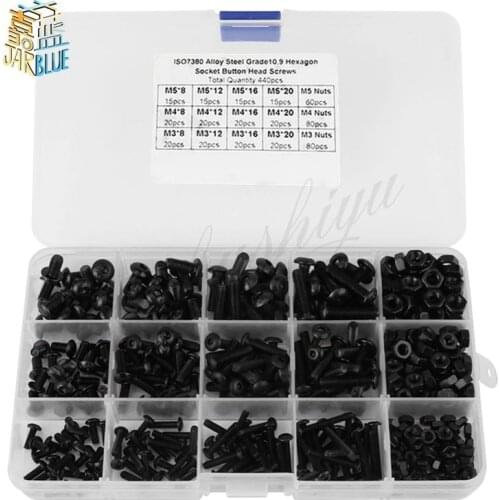 440pcs/set M3 M4 M5 Alloy Steel Hex Socket Button Head Screws Bolts Nuts Assortment Kit Fasteners Hardware Black with Box