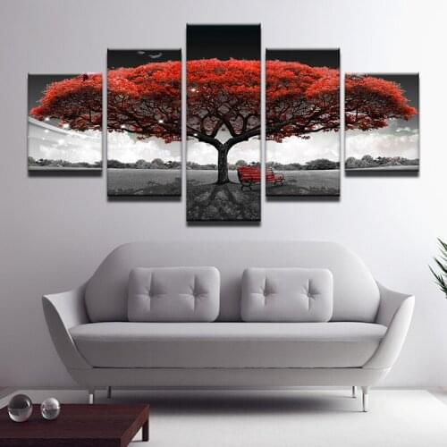 5 Panel Printed Red Tree Art Scenery Landscape Modular Picture Large Canvas Painting For Bedroom Living Room Home Wall Art Decor