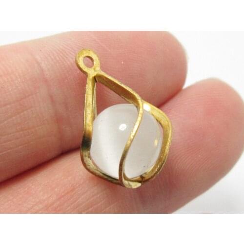 Brass earring charm Cat eye brass finding 10mm Round stone bead pendant 19.5x13mm necklace findings -6pcs R1415