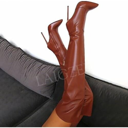 BERZIMER SUPER Women Thigh High Boots Stiletto Heels Side Zip Over Knee Ladies Zapatos Botas Shoes BASIC Large Size 43 44 47