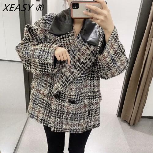 Blazer Femme Abrigo Mujer Chaqueta Tweed Plaid Marynarka Damska Splicing Dobrecamisa Cuadros Women Double Breasted Plaid Casual