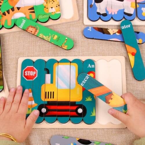 Montessori Wooden Toy 3D Jigsaw Bar Puzzles Children Creative Story Double-Sided Stacking Matching Puzzle Early Educational Toy