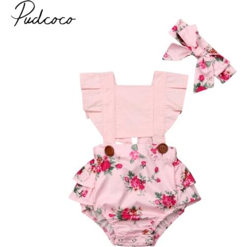 2019 Baby Summer Clothing Infant Baby Girl Bodysuits Ruffles Short Sleeve Floral Princess Jumpsuit Headband 2pcs Outfits 0-24M