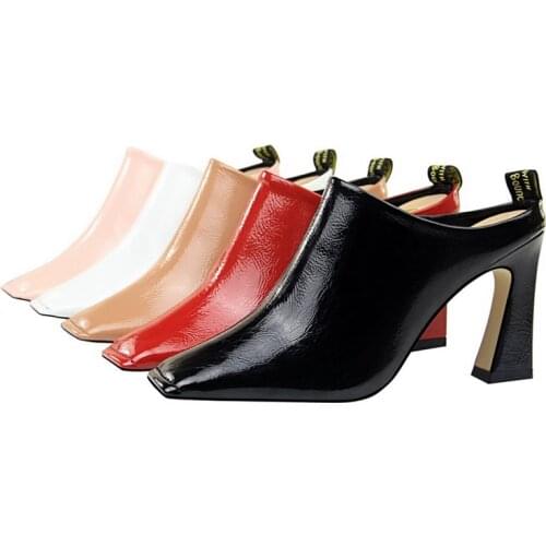 European fashionable female comfortable thick high heel embroider line square head sex appeal shows thin wrap head slipper