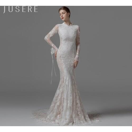 Jusere O-neckline long sleeves bridal dress wedding dress bridal gown mermaid beaded dress