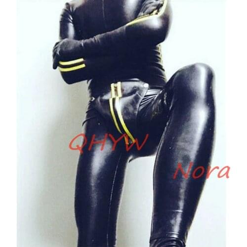 Handmade Gummi 100% Latex Catsuit Rubber Bodysuit Men Yellow and Black Tights Suit with Back Zipper Size S~XXL