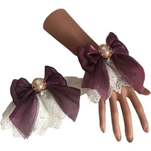 Sweet Lolita Wedding Hand Wrist Cuffs Double Layer Floral Lace Tulle Bow Bracelet Wristband Imitation Pearl Charm Jewelry Cospl
