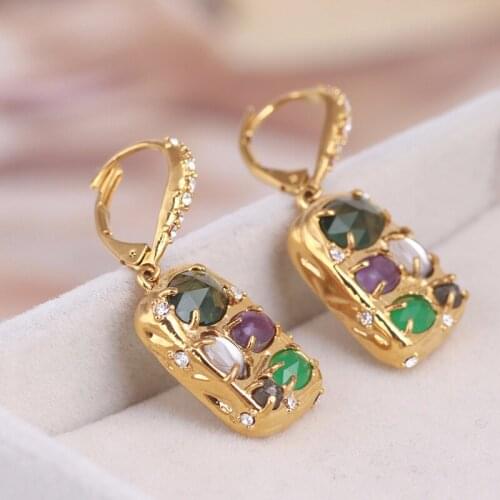 Fashion diamond geometric colored gemstone earrings