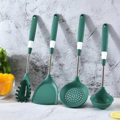 Set of 4 Silicone Rubber Utensil Set Turners Spatula Spoon Soup Ladles Skimmer Pasta Server Kitchen Gadgets Accessories