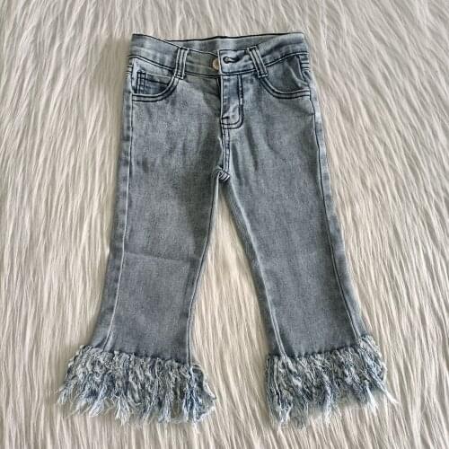 New Baby Girls Jeans Long Bleached Tassel Vintage Denim Pants High Waisted For Teen Kids