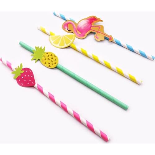 10pcs/Bag Wedding Disposable Paper Straw Flamingo,Lemon,Strawberry,Pineapple Drinking Straw Birthday Party Disposable Tableware