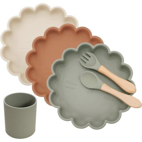 3pcs Gift Set BPA Baby Feeding Dining Appliance Silicone Dishes Plate Bowl Training Fork Spoon Drinking Cup Newborn Accessories