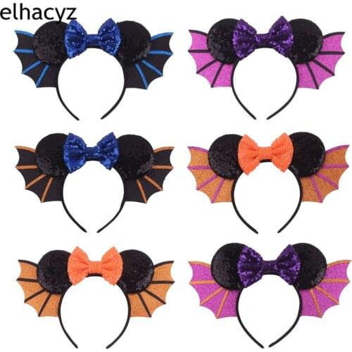 6pcs/lot New Hallowen Bat Wings Hairband Girls Women Festival Mouse Ears Headband Sequin Bow Headwear Hair Accessories