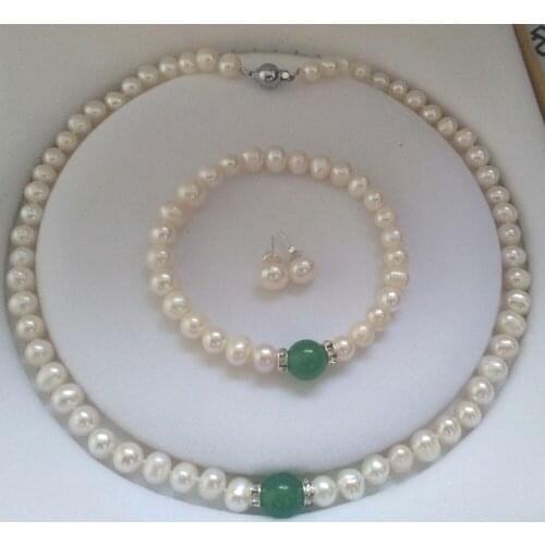 Selling Jewelry>>>Natural White Akoya Cultured Pearl &Green Bracelet Necklace Earrings set