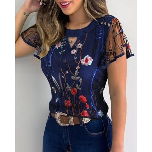 CINESSD Women Floral Embroidery Blouses Casual Tops O Neck Ruffles Short Sleeve Mesh Hollow 2021 Summer Tunic Flower Lace Blouse