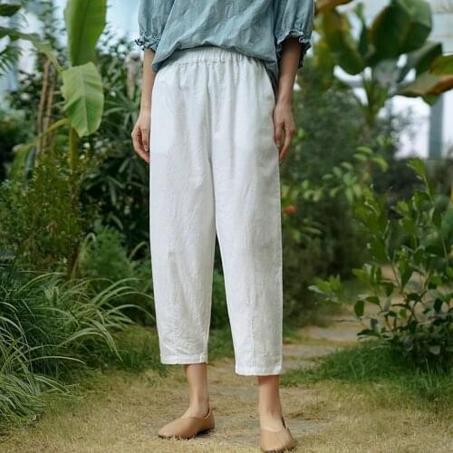 FairyNatural Ladies Casual Cotton Linen Straight Pants Pockets 2021 Solid Color Female Elastic Waist Spring Trouser Ankle-Length