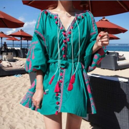 Vintage V-Neck Flowers Embroidered Fringed Shirt Dress Splice Lantern Sleeve Lace Up Blouses Tassels Crop Tops Dress Vestidos