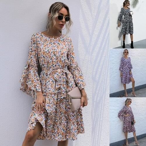 Long Sleeves Dresses for Women 2021 Vintage Autumn Woman Urban Trumpet Clothes Lace UPS Corset Round Neck Broken Flowers Formal
