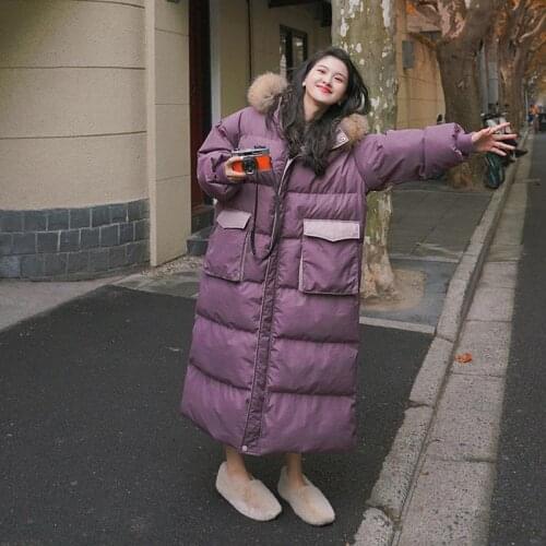 Womens Winter Padded Purple Coat Hooded with Fur Collar Korean Loose Super Long Thick Korean Casual White Duck Material Jacket