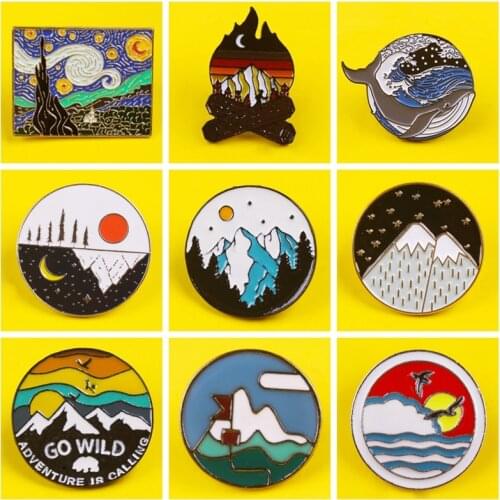 Mountain Enamel Pins Outdoors Adventure Badges On Backpack Travel Badges For Clothes Wild Camping Hiking Brooches Badge Van Gogh