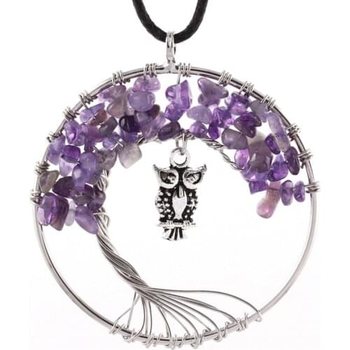 100-Unique 1 Pcs Charm Silver Plated Natural Purple Amethysts Crystal Winding Tree of Life with Owl Pendant Fashion Jewelry