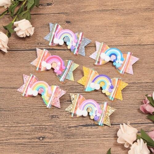 30 pcs/lot , 10.5 cm Hot sale PVC glitter rainbow bow with ribbon clip hair fashion children accessories 6 colors