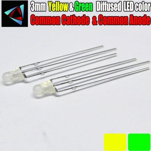 50pcs LED 3mm Diffused Yellow And Green Common Cathode Common Anode 3 Pin Round 3 mm Bi-Color LED Light-Emitting Diode