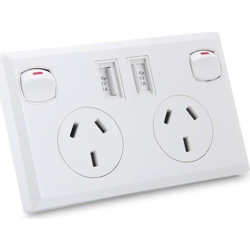 White USB Wall Socket AU Standard Charger AU Plug Switch AC Power Plug Dual Port Charger 2 switch 10A Outlet Plate Panel