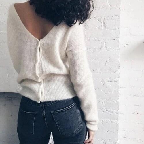 Elfbop Ladies Mohairt Wool V Neckline Knit Jumper Cardigan Sweater - Rhodo/White/Black/Yellow/Brown Knitted Long Sleeve Top