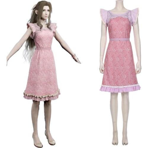 Final Cosplay Fantasy VII Remake Aerith Gainsborough Cosplay Costume Pink Dress Halloween Carnival Fancy Dress