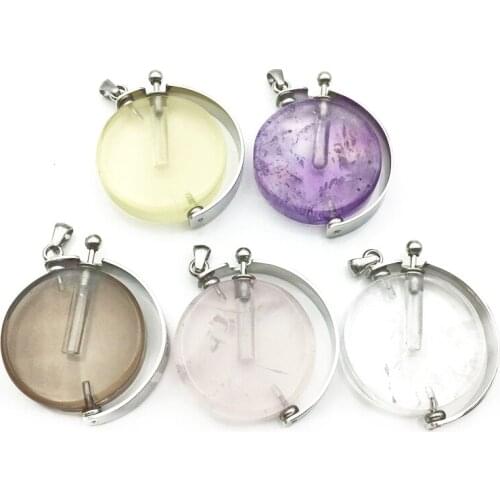 Natural rotate gems stone Perfume Bottle round shape swing vial rose quartzs pendulum amethysts Essential Oils Diffuser necklace
