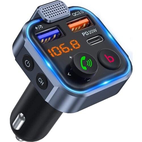 FM Transmitter In-Car Adapter, Wireless Bluetooth 5.0 Radio Car Kit,Type-C PD 20W+ QC3.0 Fast USB Charger