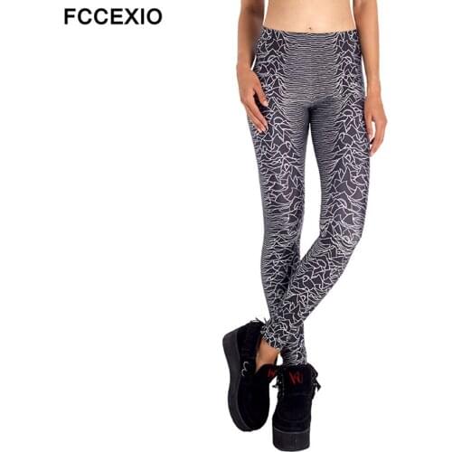 FCCEXIO New Trend Womens Black Gray Retro Stripes Printed Leggings Girls Cool High Waist Stretch Fitness Trousers Pencil Pants