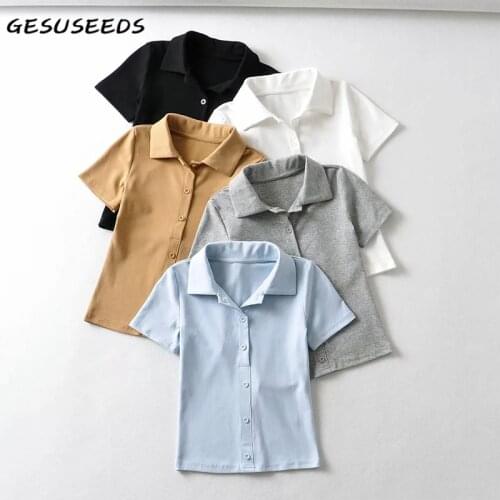 Summer t shirt women elegant shirts office lady short sleeve top korean turn down collar shirt solid cropped polo shirt white