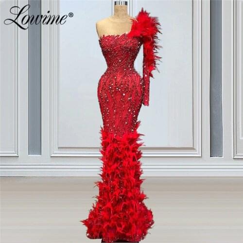 Lowime Feathers One Shoulder Red Party Dress Dubai Formal Women Evening Gown 2021 Plus Size Beaded Crystals Mermaid Prom Dresses