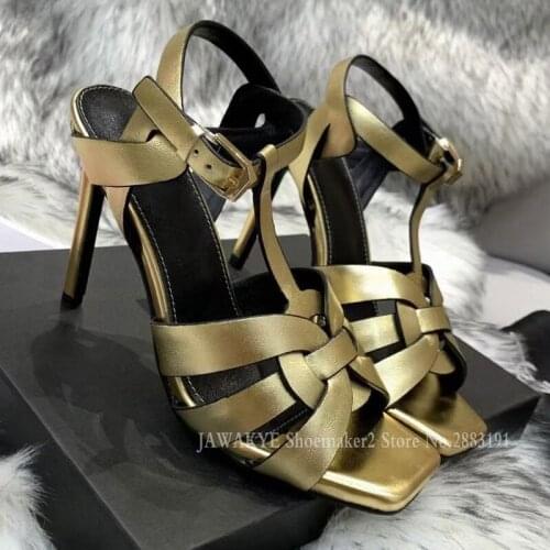 Matte Cow Leather Women Thin High Heels Sandals Super High Party Wedding Shoes Sexy Runway Ankle Strap Gold Silver Shoes Woman