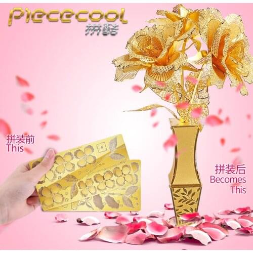 Piececool 3D Metal Puzzle Model Golden Rose Flower DIY 3D Laser Cut Assemble Jigsaw Toys Desktop Decoration GIFT For Children