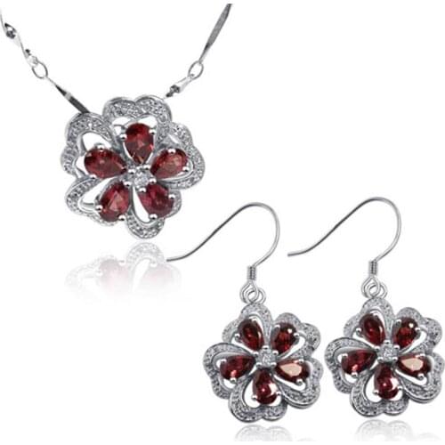 Fashion Colorful Genuine Gem Stone Jewelry Sets Flower Shape Natural Crystal Pendant Necklace/earrings with Sterling 925 Silver