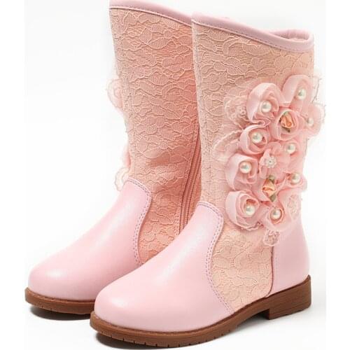 2017 New Fathions Girls Princess Winter Boots Leg Long Kids Snow Boots Soft Warm Children Shoes Pink&White Color with Plush