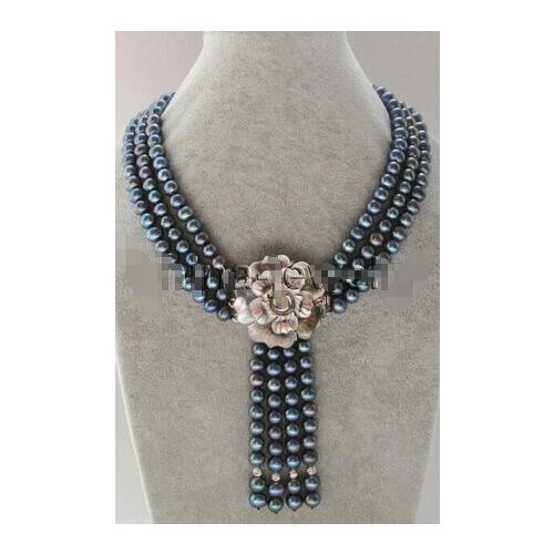 17-19" 3row 8-9mm black round freshwater pearl necklace + pendant