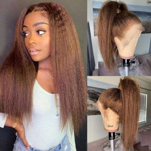 Brown Color Human Hair Wigs Kinky Straight Brazilian Remy Human Hair T Part Lace Wig Pre Plucked Lace Front Wigs Bleached Knots