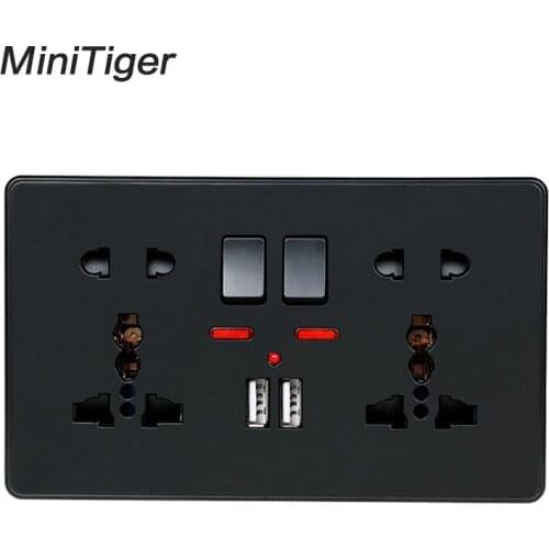 Minitiger Wall Power Socket Double Universal 5 Hole Switched Outlet With Neon 2.1A Dual USB Charger Port LED indicator Black