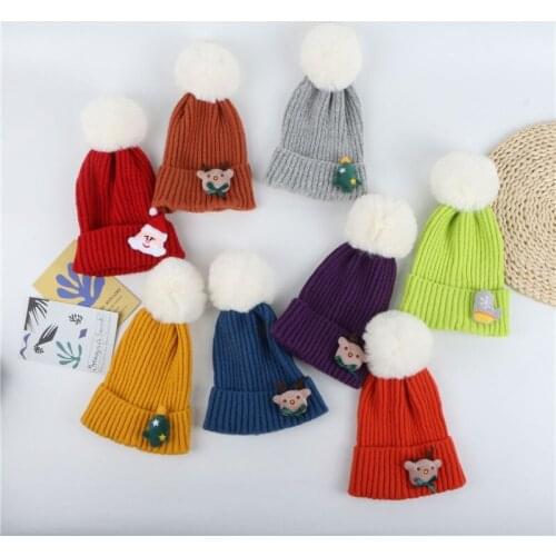 2021 Baby Christmas Fur Ball Hat One Size Parent-Child Knitted Cap Santa Claus Elk Warm Hat Solid Beanie For Kids&Mom Xmas Gifts