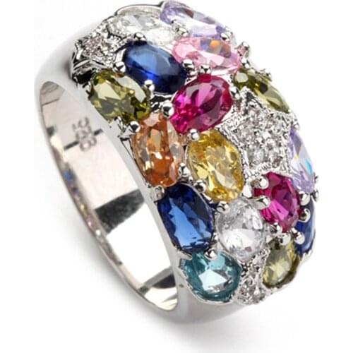 SHUNXUNZE Big Wedding Rings Jewelery For Women Pink Red Peridot Morganite Blue Yellow Purple Cubic Zirconia Rhodium Plated R373